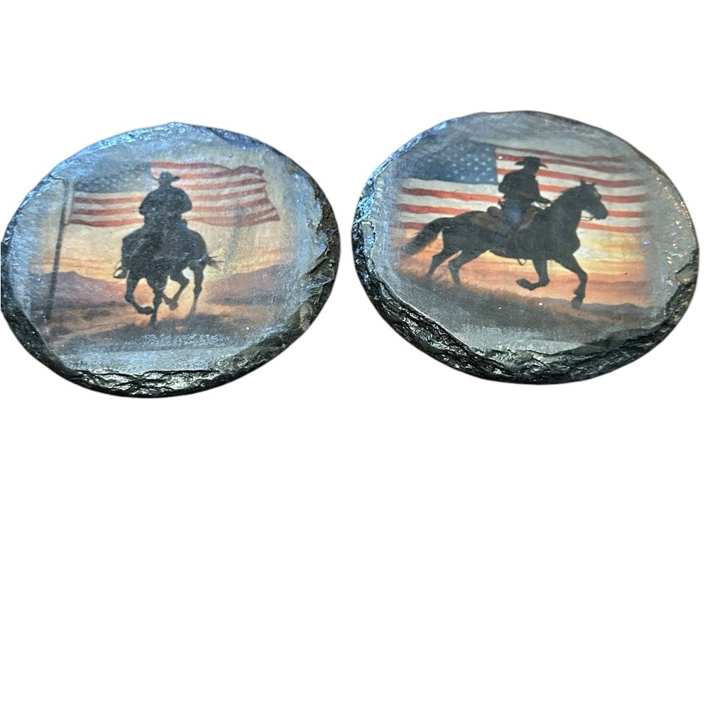Hand Crafted American Flag and horse slate coasters set of 2